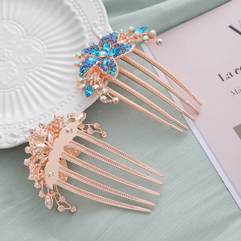 Fashion Flower Crystal Hairclips Rhinestone Hair Combs Plastic Shiny Hairpins for Women Hair Accessories Gift