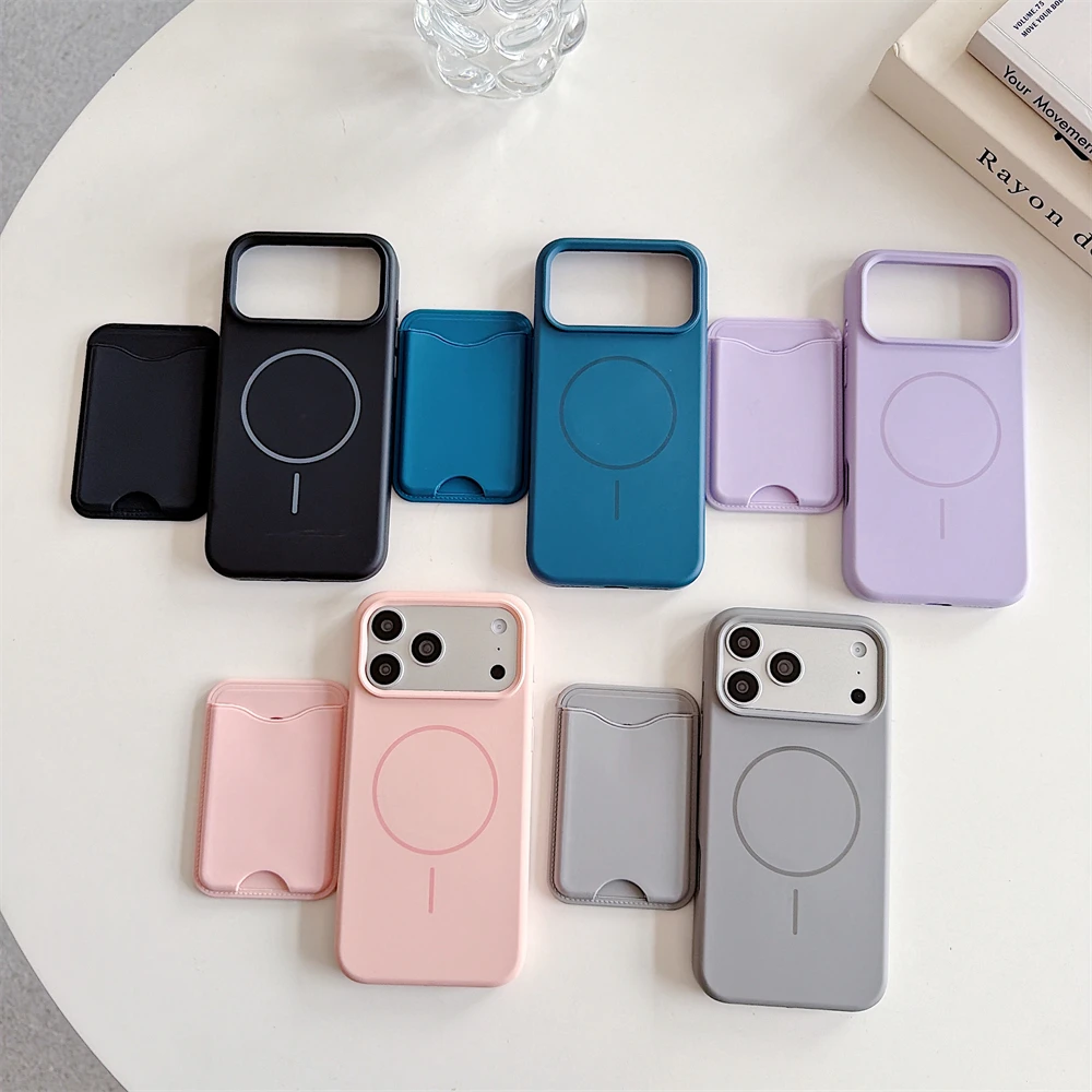 Premium Magnetic Liquid Silicone Phone Case with Card Holder - Candy Color Shockproof Cover