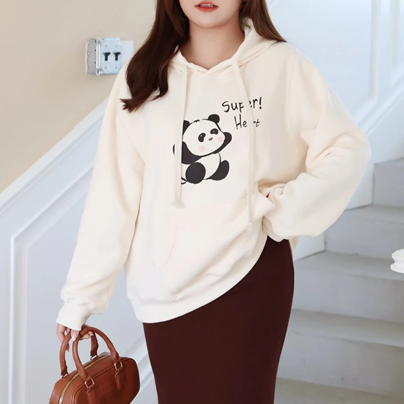 Plus Size Women's Hoodies Premium Thick Drawstring Hooded Sweatshirt Cartoon Panda Print Fleece-lined Autumn Winter 2025