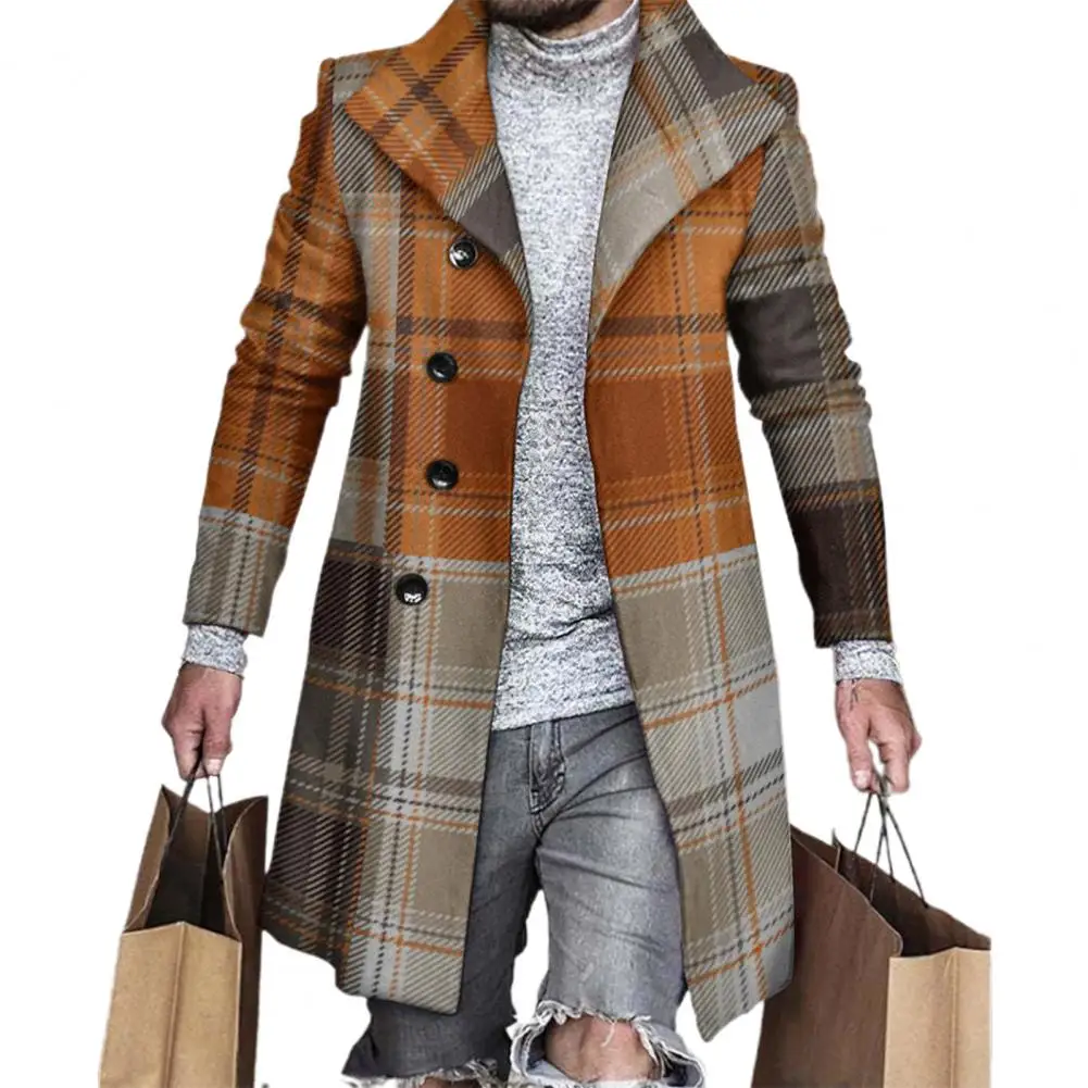 Lapel Long Sleeves Pockets Single-breasted Men Windbreaker Autumn Winter Mid-Length Plaid Patchwork Thickened Woolen Coat trench coat warmth coat waterproof windbreaker jacket casual men jacket outdoor jackets