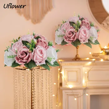 Centrotavola da tavolo in tessuto di seta con base verde in plastica con sfera di fiori artificiali 1PC per bouquet di fiori di piombo da strada per decorazioni di nozze 1