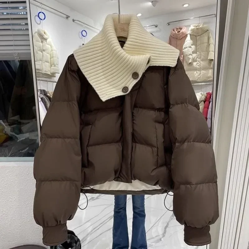 

Korean Knitted Spliced Down Coat Short 2023 New Thickened Loose Duck Down Bread Winter Jacket