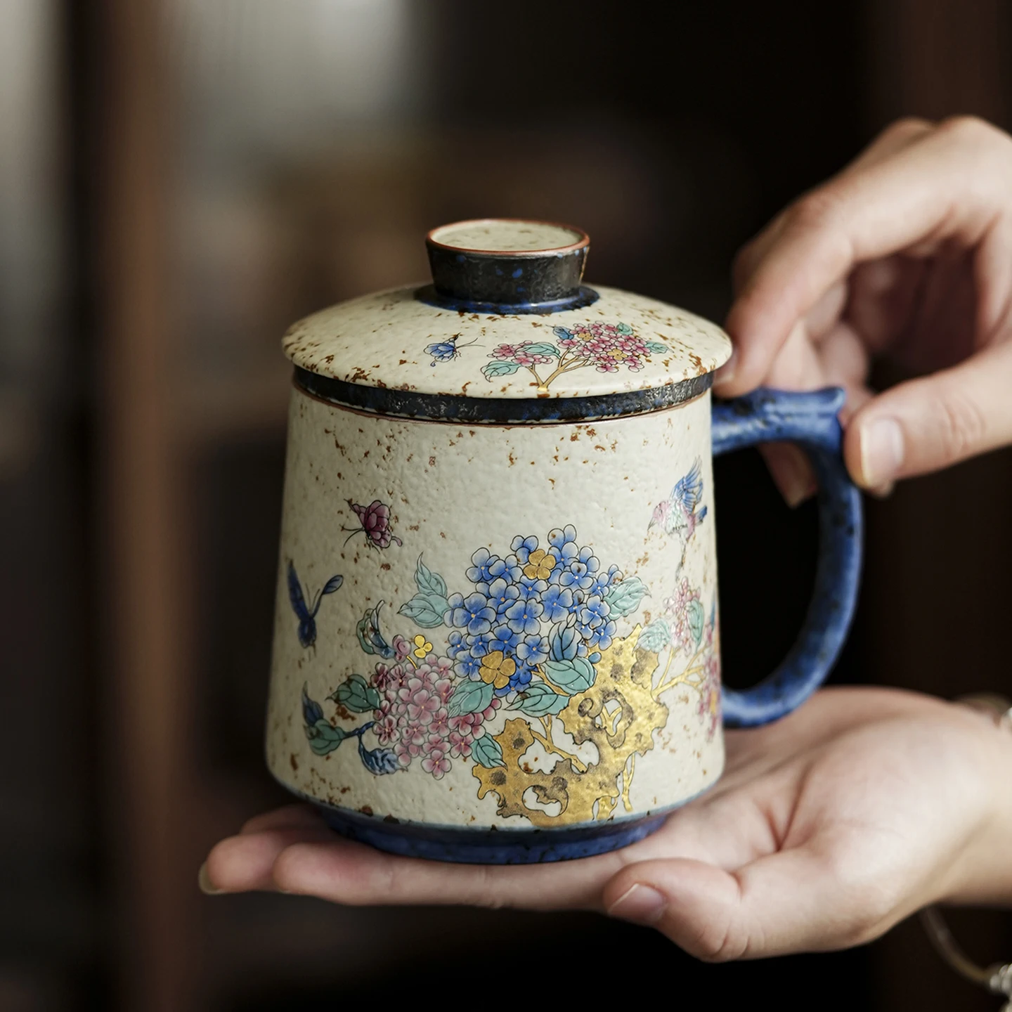 Chinese Style Ceramic Cartoon Floral Pattern Mug, Personal Creative Teacup, With Cover Filtered Tea Water Separation, 400ml, 1Pc