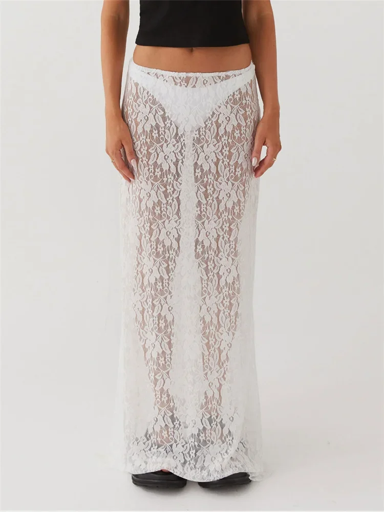 Women Lace Long Skirt Elastic Waist See Through Sexy Club Beach Skirt Bikini Cover-ups 2024 Summer Fall