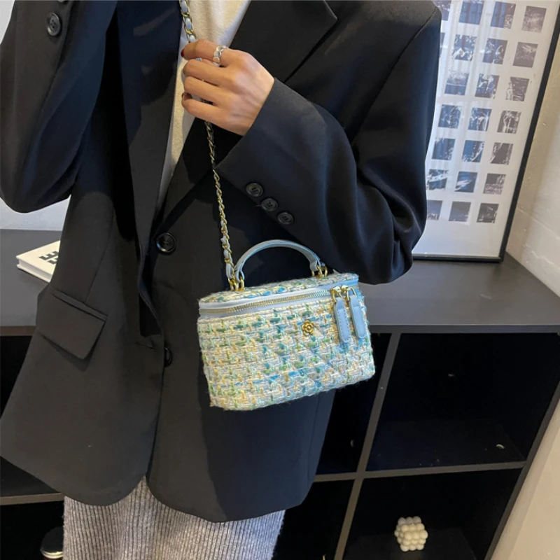 Fashion Woven Chain Messenger Bag Trend Casual Checked Tweed Box Shoulder  Bag High Quality Brand Designer Handbags And Purses