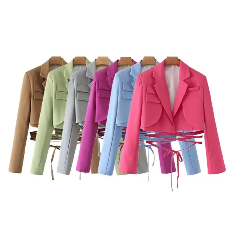 

Fashion With Tied Cropped Blazer Jackets Women Vintage High Street Long Sleeve Outerwear Chic Office Lady Suit Coat