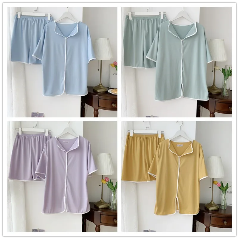 Summer Imitation Cotton Thin Solid Color Pullover V-neck Short Sleeve Shorts Pajamas Women's Set Casual Simple Sweet Homewear