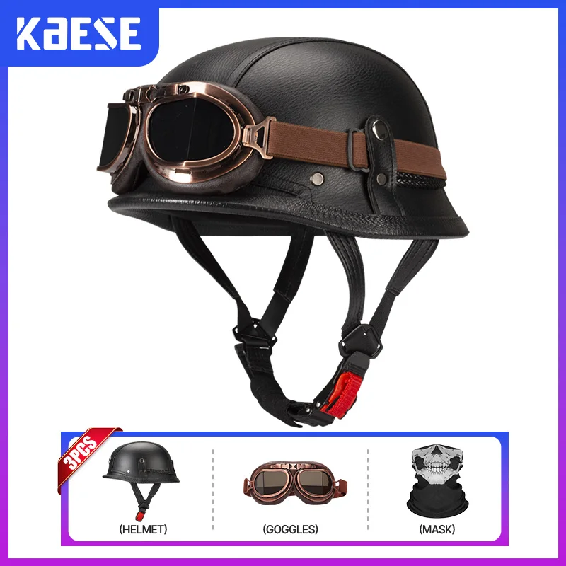 

Motorcycle Helmets Leather Retro Half Face Helmet with Goggles Vintage Open Face Moto Cascos Para Motos Adult Men Women DOT