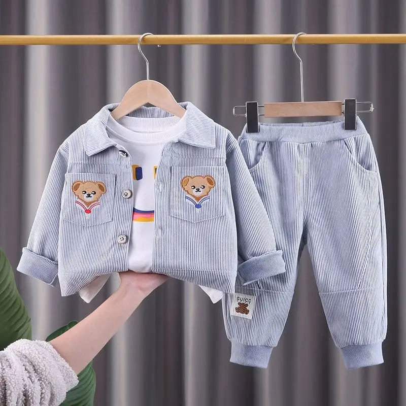 

3-Piece New Spring Autumn Kids Clothes Baby Boys Litter Bear Suit T-shirt+Coat+Pants Children 0-5 Years Old Toddler Sport Set