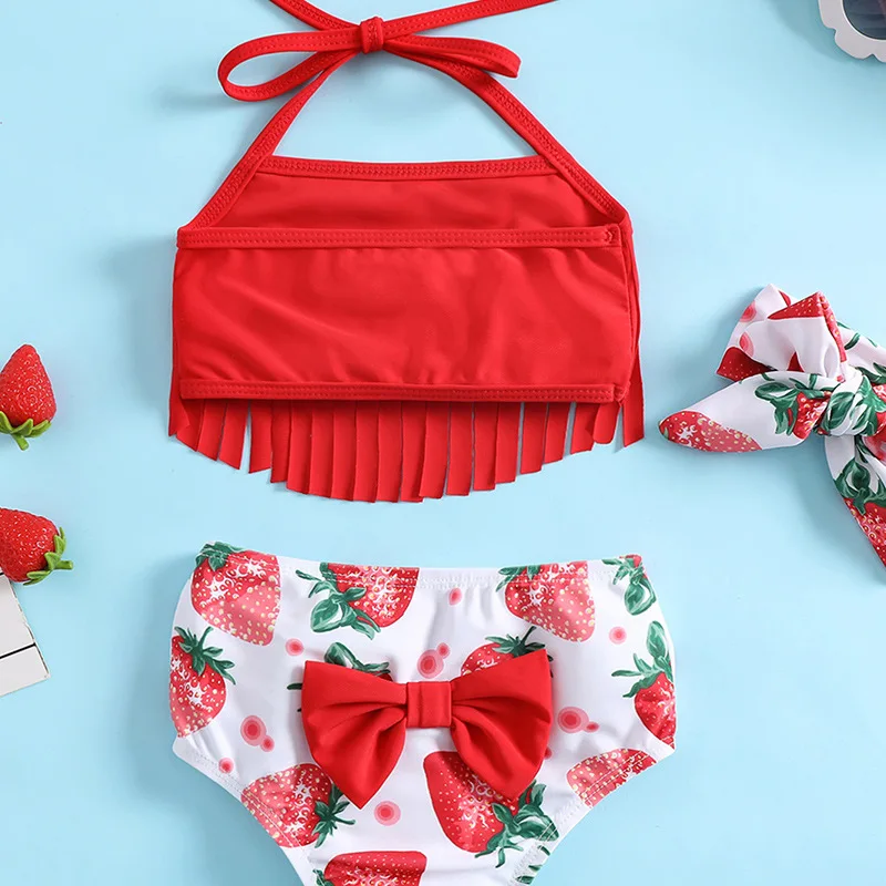 PearlPaddlers Strawberry Print Girl Baby Girl Red Tassel Suspender 3-piece Set Split Swimsuit Hot Spring Beach Swimsuit