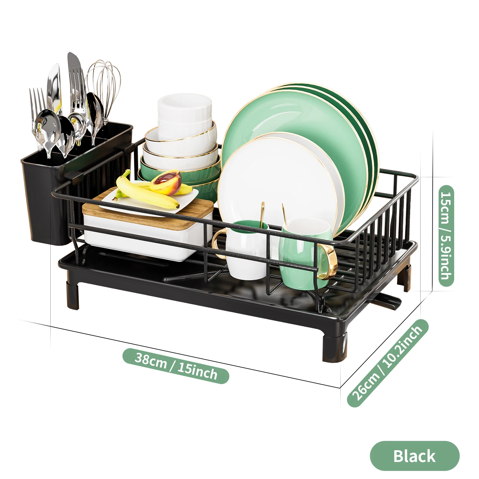 Dish Automatic Drying rack tableware storage countertop space-saving Black White 3