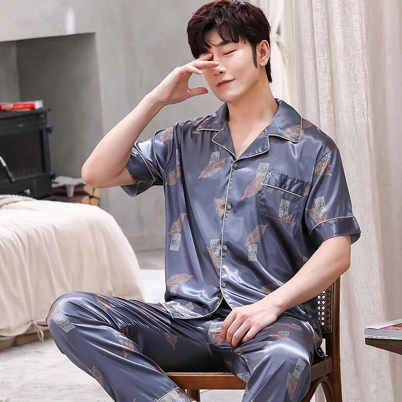 Ice Silk Pajamas Men's Summer Short Sleeve Youth Large Loose Home Clothes Shorts Two-piece Set