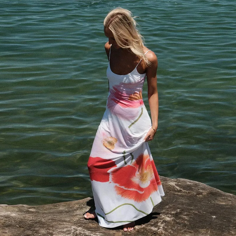 Vestidos de moda con cuello halter ajustado y estampado para mujer, vestido largo elegante sin espalda y cintura alta, vestido de fiesta de verano 2025.