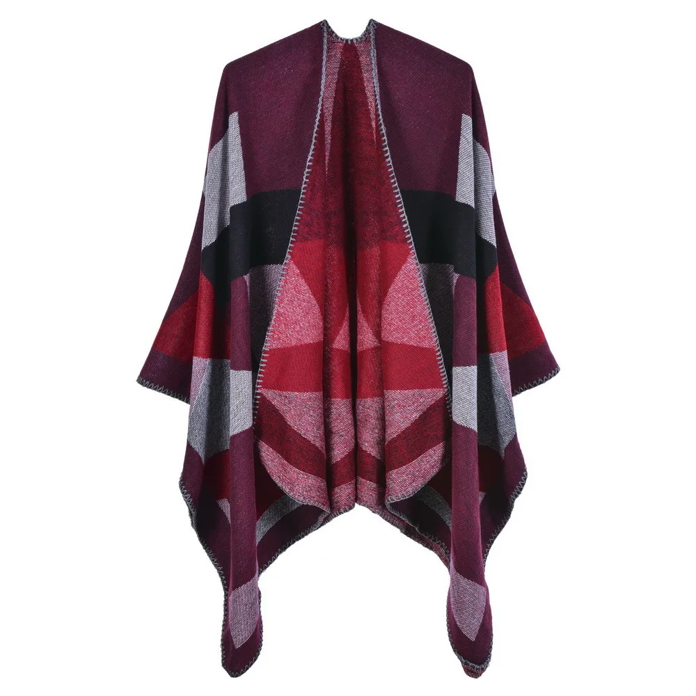 

Checker Knitted Shawl Women Warm Autumn Winter Reversible Cloak Geometric Pattern Poncho Lady Capes Red Cloaks