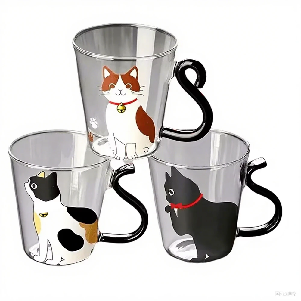 High Borosilicate Glass High Temperature Resistant Hand-printed Kitten Pattern 6Oz/200 Ml Cute Coffee Cup Handmade Mug Gift