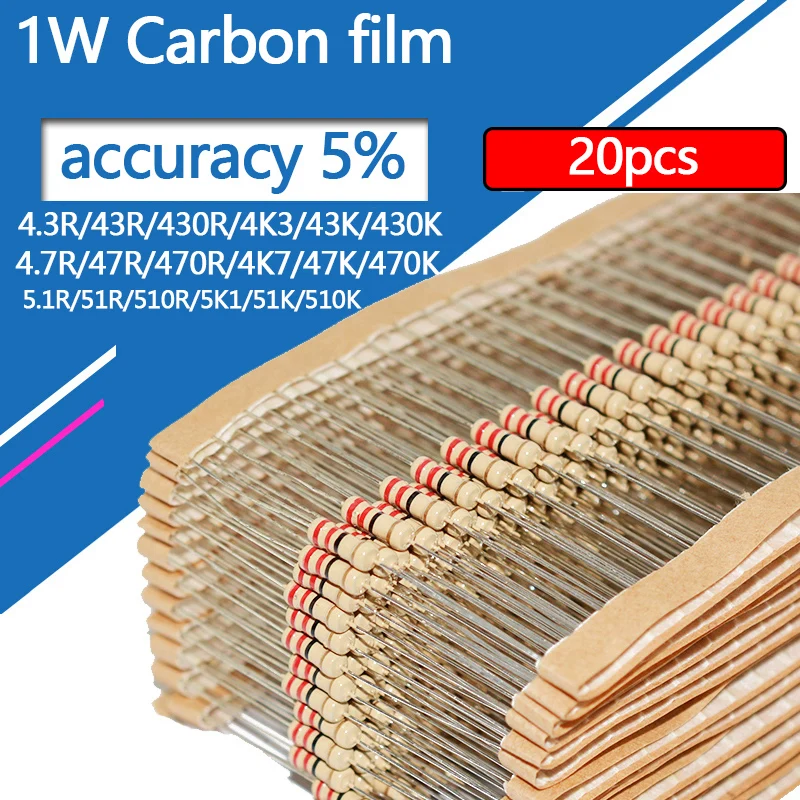 Carbon Film Resistor 20pcs 4.3 4.7 5.1 43 47 51 430 470 510 Ohm R K 5% Resistance