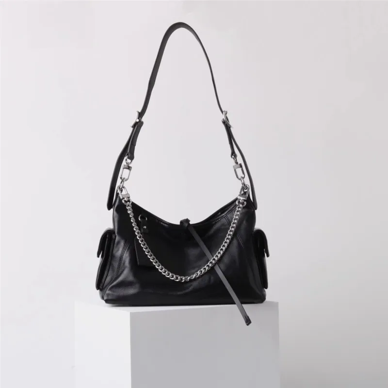 Black Tied Chain Tote Bag Women Leather Large Capacity Stitching Shoulder Bag Ladies Retro Sle Commute Casual Crossbody Bag 2025