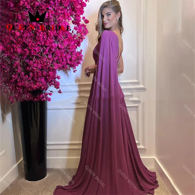 A Line Chiffon Prom Dresses Long Cape Sleeves Applique Beads Side