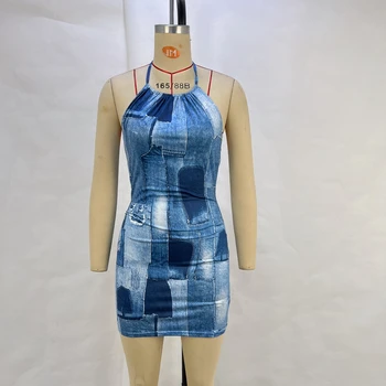 قميص جينز جديد وعصري بدون أكمام مع رباط للرقبة وطبعة من الأمام 7