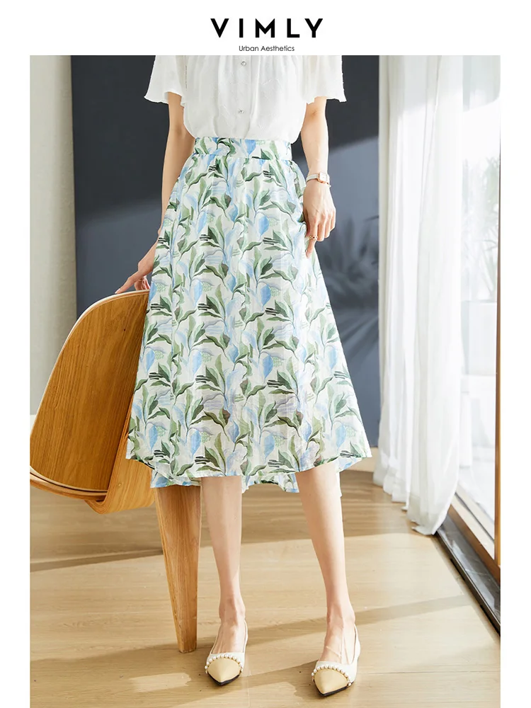 

Vimly French Romantic Summer Skirt Women 2023 High Waist Print Floral Lyocell Linen Female Casual A-line Umbrella Midi Skirts