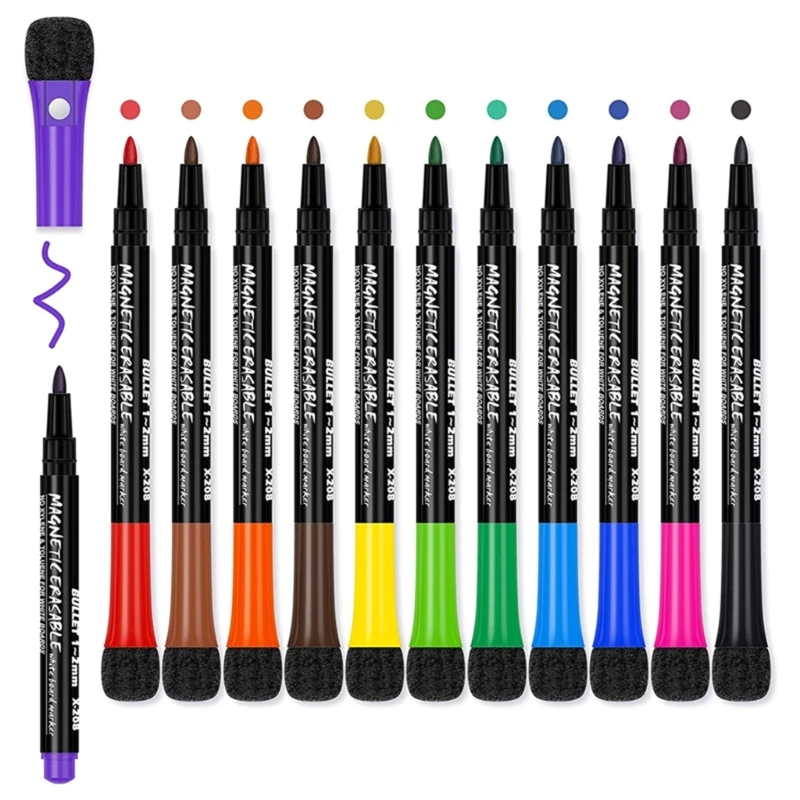 Magnetic Markers Pen Whiteboard Pens 12 Assorted Color Dry Erases Pens Dry Wipe with Erasers for Home School Office