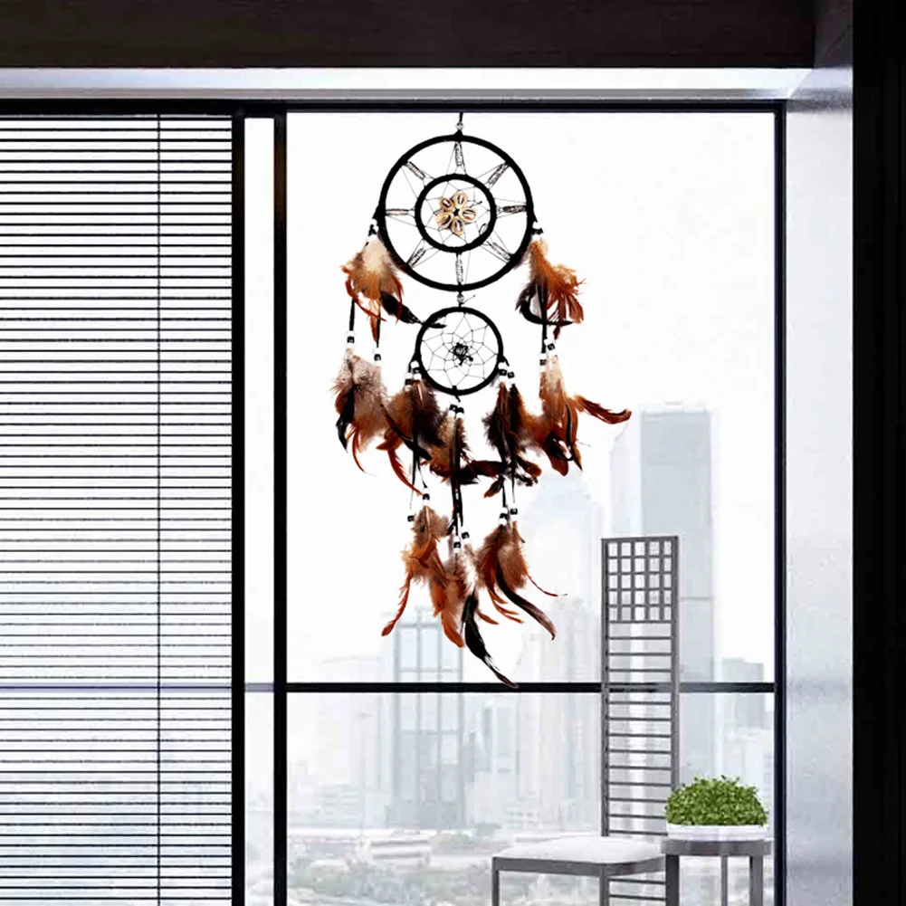 Shell Feather Bead Circle Dream Catcher Crafts Handmade Hanging Wall Decor Craft Brown Ornaments Props Round for Birthday Gift