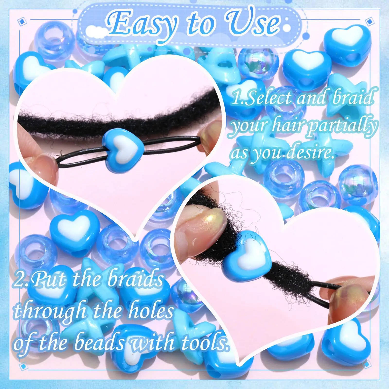 60개 아크릴 헤어 비즈 세트 DIY 헤어 액세서리 브레이딩 비즈 쥬얼리 만들기 키트 여성 소녀 헤어 장