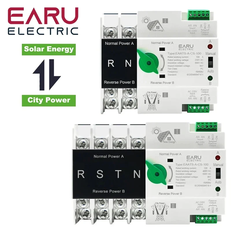Din Rail ATS for PV and Inverter Dual Power Automatic Transfer Selector Switches Uninterrupted 100A 220V 110V 2P 4P-transfer switch