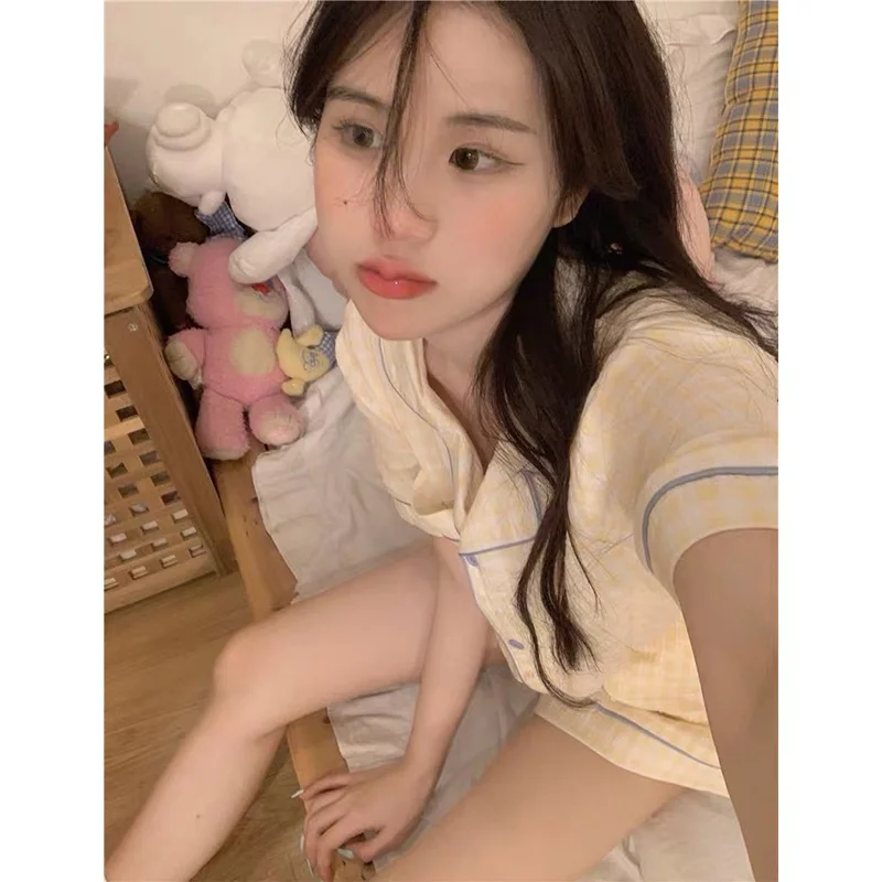 여름 여성 잠옷 반팔 순수 코튼 얇은 가정 의류 세트 귀여운 스위트 스타일은 청소년 사이즈 외부에서 착용 가능