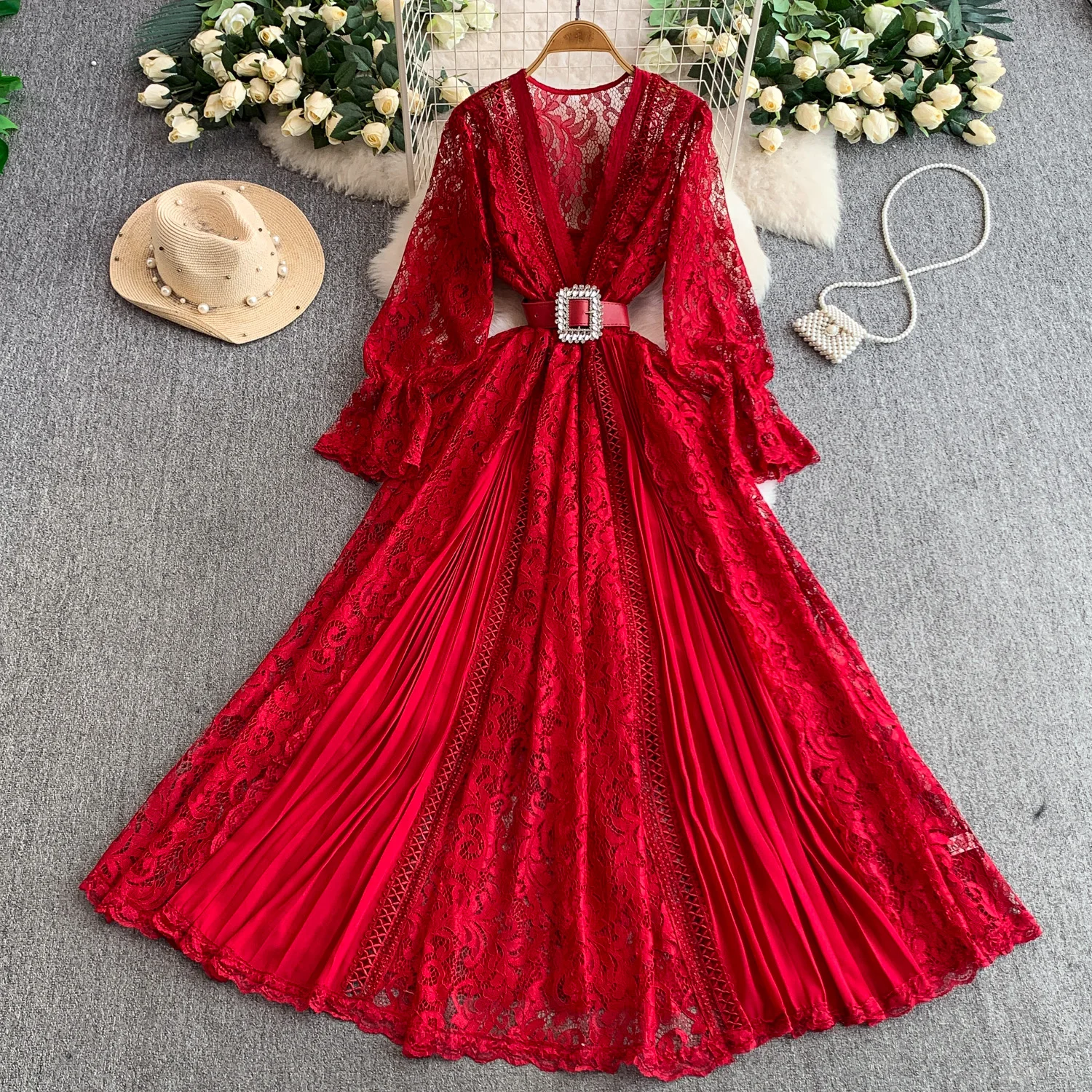 Ele Lace V-ne Long Dr Women's Autumn Belted Waist A-line Skirt Ele Draped Gown Luxury Lady Sle Maxi Dr