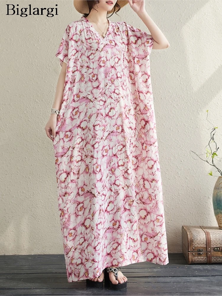 

Летнее Длинное Платье с V-образным вырезом, Модные свободные плиссированные Женские Платья с цветочным принтом, повседневное женское розовое платье большого размера с коротким рукавом