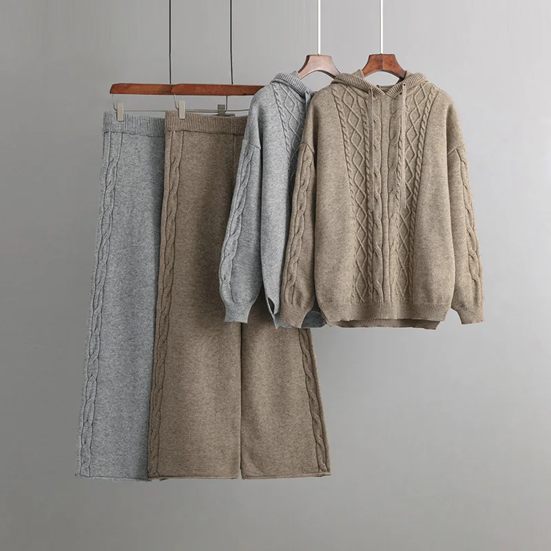 

ELIJOIN autumn and winter design sense suit drawstring hooded loose sweater drape wide-leg trousers twist two-piece suit tide