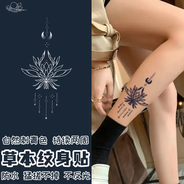 Tatuajes temporales a prueba de agua para mujer, pegatinas de tatuaje con borlas de estrellas de loto de hierbas, arte elegante, tatuajes de Luna Sexy para muslos, Festival 1