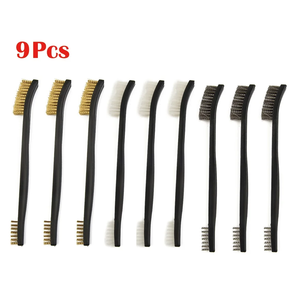 9Pcs Mini Wire Brush Set Steel Brass Nylon Remove Rust Brushes Cleaning Brushes Polishing Metal Rust Wire Brush Cleaning Tools