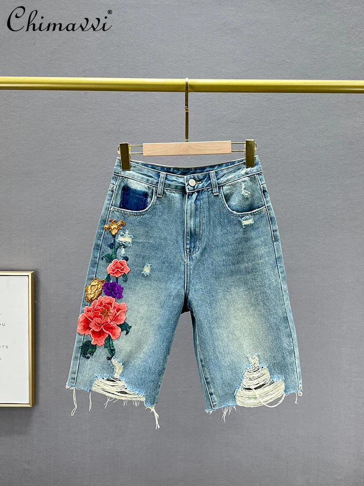 heavy-embroidery-denim-shorts-women's-shorts-2024-summer-clothes-new-fashion-high-waist-loose-slimming-ripped-straight-pants