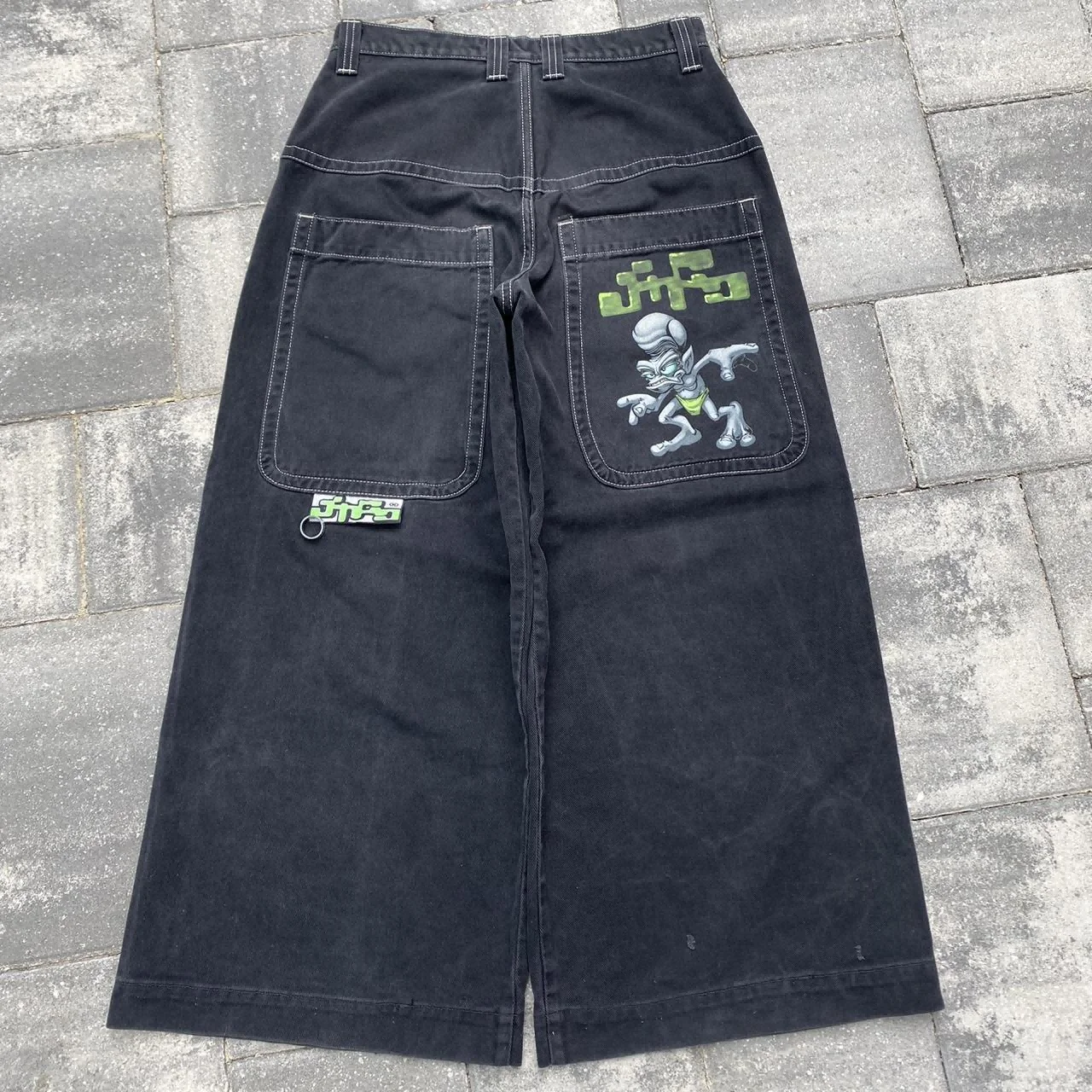 Jnco 외계인 프린트 청바지, 아메리칸 레트로 하라주쿠 루즈 캐주얼 블랙 및 그린, y2k jnco 청바지, 와이드 레그 청바지, 2024 여름 최신