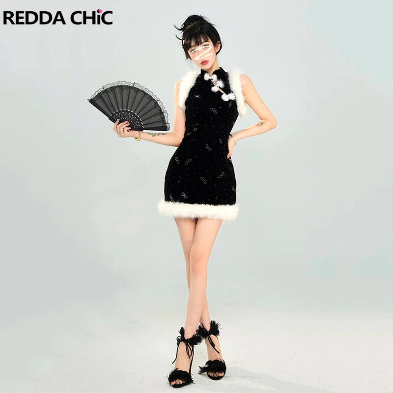 

REDDACHiC Fur Trim Sleeveless Cheongsam Women Retro Black Sparkly Rhinestone Bow Pattern Velvet Mini Dress Chinesechic Clothes