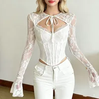 Chemise à manches longues en dentelle pour filles, douce et épicée, Design Sensation, coupe cintrée, haut court ajouré, chemise de Base transparente 4