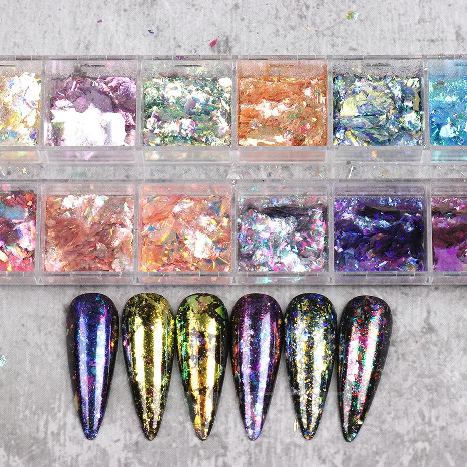12Grid Aurora Ice Crystal Opal Powder Nail Glitter Iridescent Dust Charm Nail Flakes Slice Sparkly Brocade Sequin Manicure BEYFH