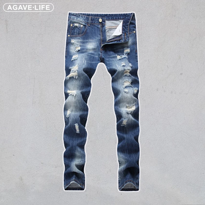

Men's Slim Ripped Jeans Men Fashion Denim Trousers Elastic Dark Blue Jean Trousers Men Outdoor Straight Personality Pencil Jeans
