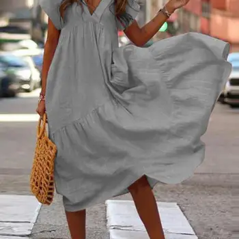 보헤미안 여름 여성 Sundress ZANZEA 패션 V 넥 미디 Vestidos 여성 솔리드 프릴 드레스, 비대칭 가운