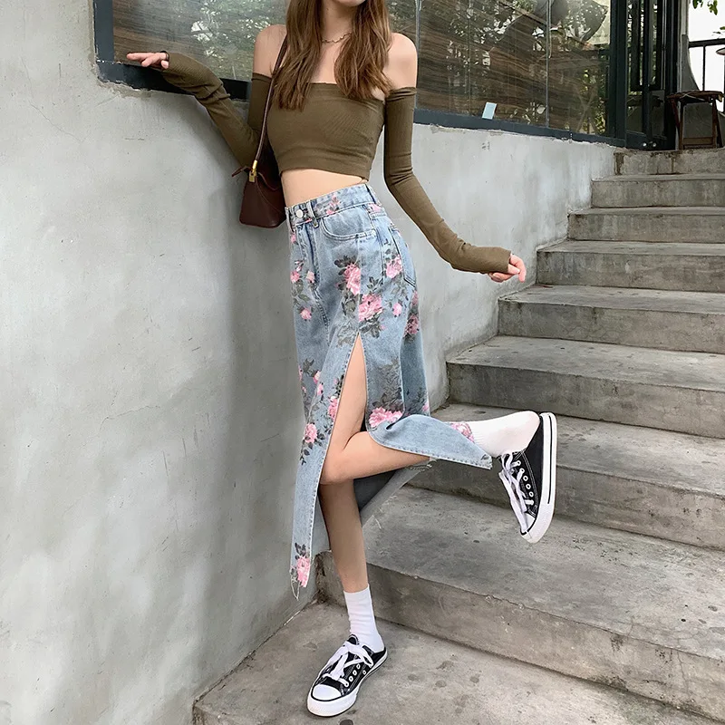 

Y2k Fashion Denim Long Skirts For Womens Summer Blue High Waist Raw Edge Slit Vintage Washed Printing Korean Style Casual Skirts