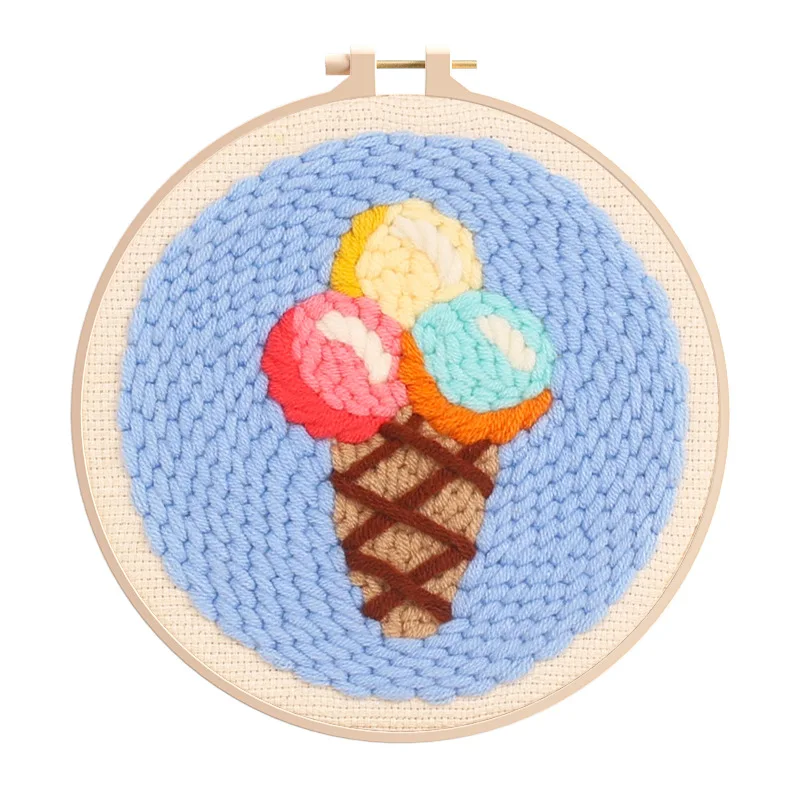Dia.15cm Punch Needle Embroidery Kits for Beginners Soft Yarn Sweet Ice Cream Embroidery Craft Kit