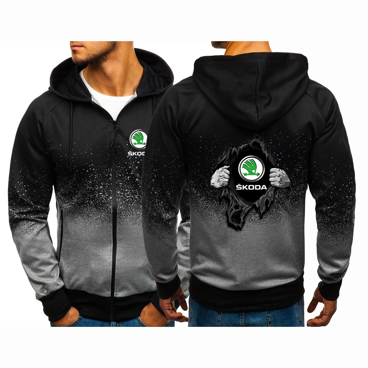 

Skoda 2024 Men Spring and Autumn Printing Casual Hip Hop Harajuku Gradient Color Hooded Zipper Jacket Coats Clothing