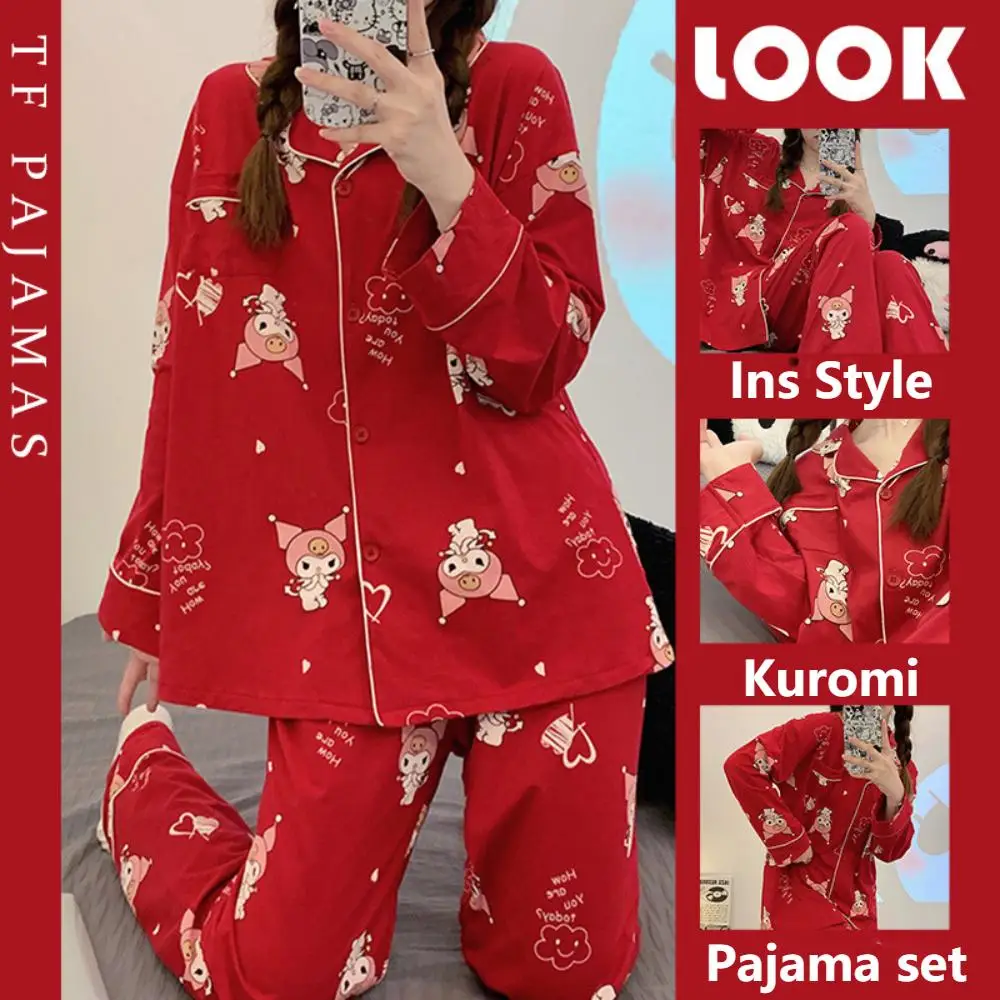 

2023 New Ins Sanrio Autumn Pajamas Cute Red Kuromi Female Student Double Length Homewear Set