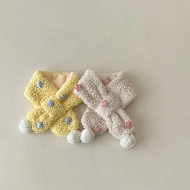 1-6years Children's Scarf Autumn and Winter Korean Version Ins Simple Labeling Star Plush Cross Boys and Girls Baby Scarfs