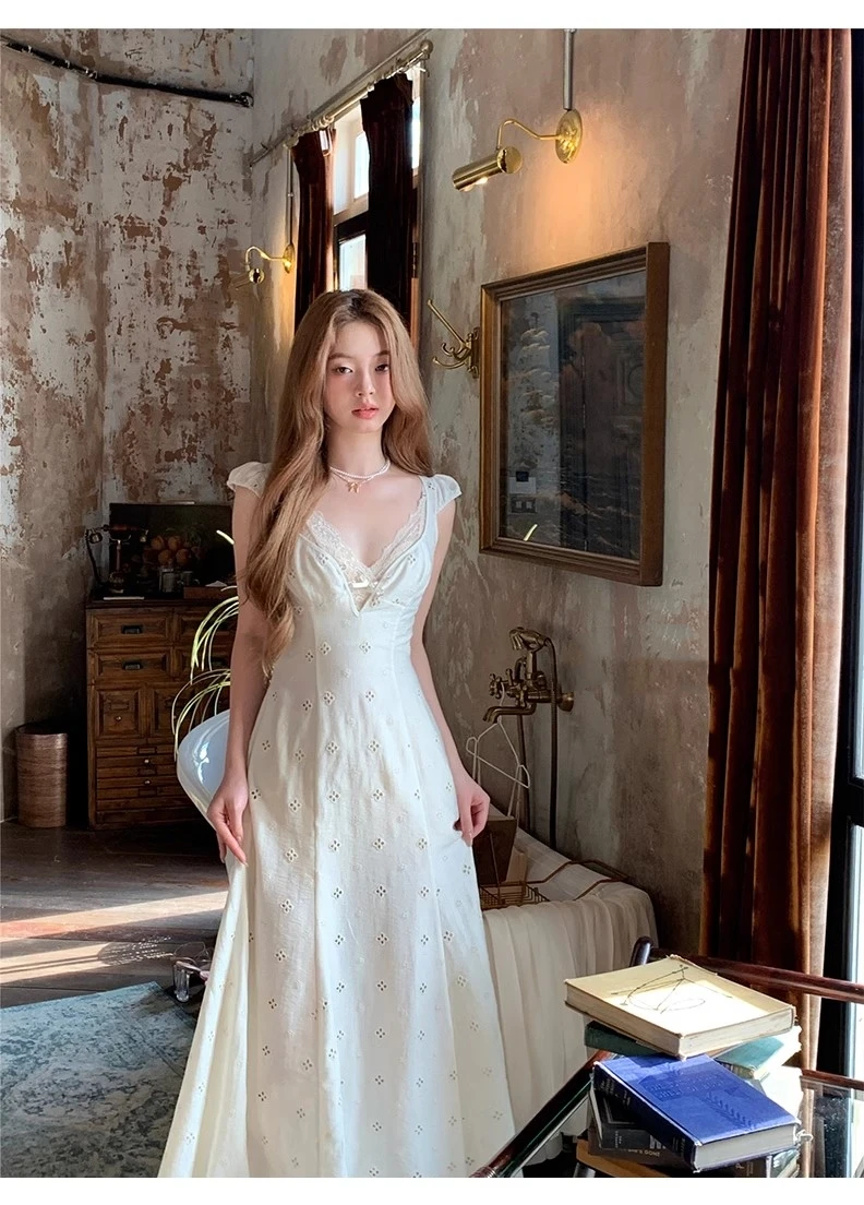 New Summer Hollow Out Midi Dress Women V-neck Vocation French Style White Dress Elegant Casual Korean Fashion Slim Vestidos 2025