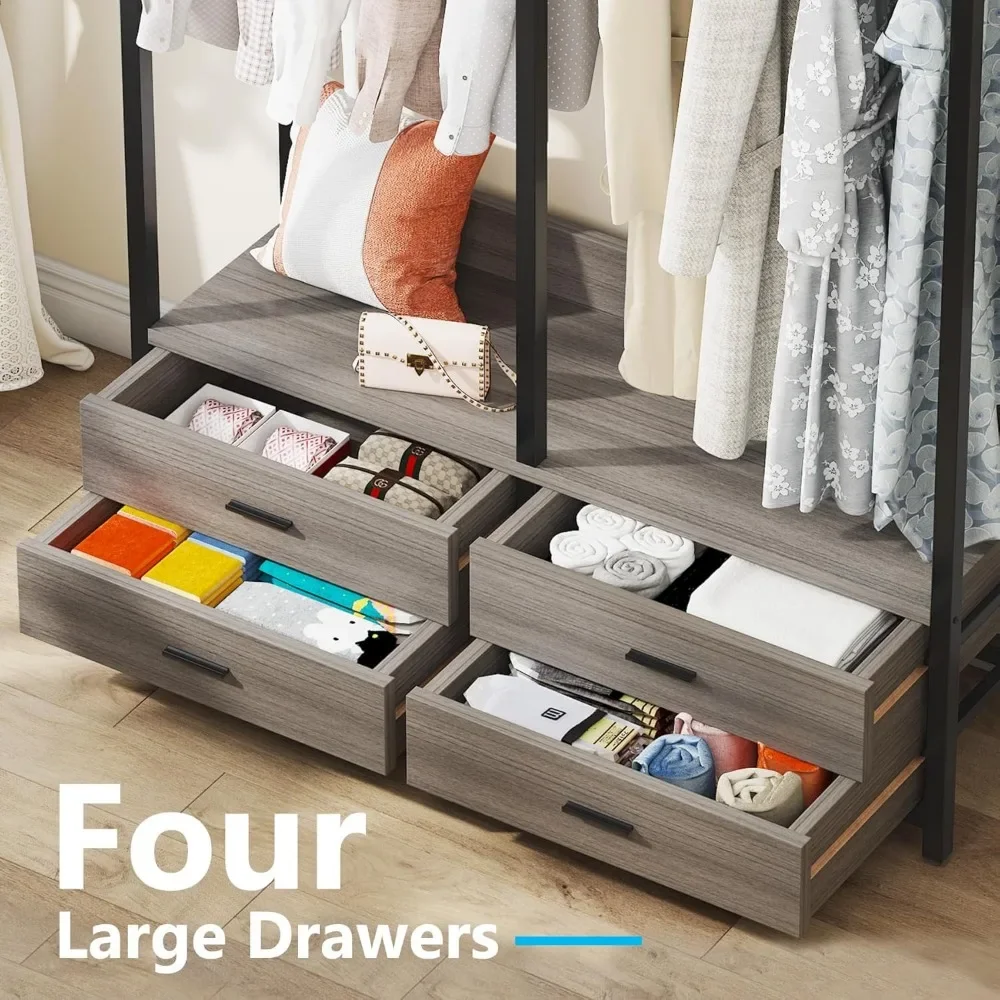 New2025-Freestanding Closet Organizer for Hanging Clothes, Heavy Duty Garment Rack with 4 Drawers, 8 Hooks and Storage Shelves,