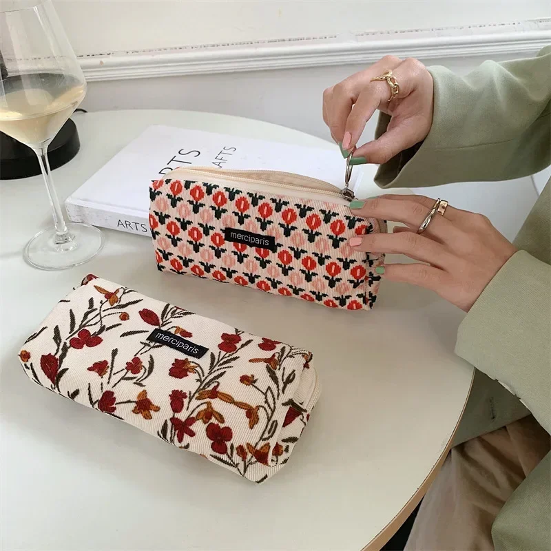 Women Corduroy Flower Cosmetic Bags Travel Brush Lipstick Storage Case Female Makeup School Stationery Pencil Cases 2