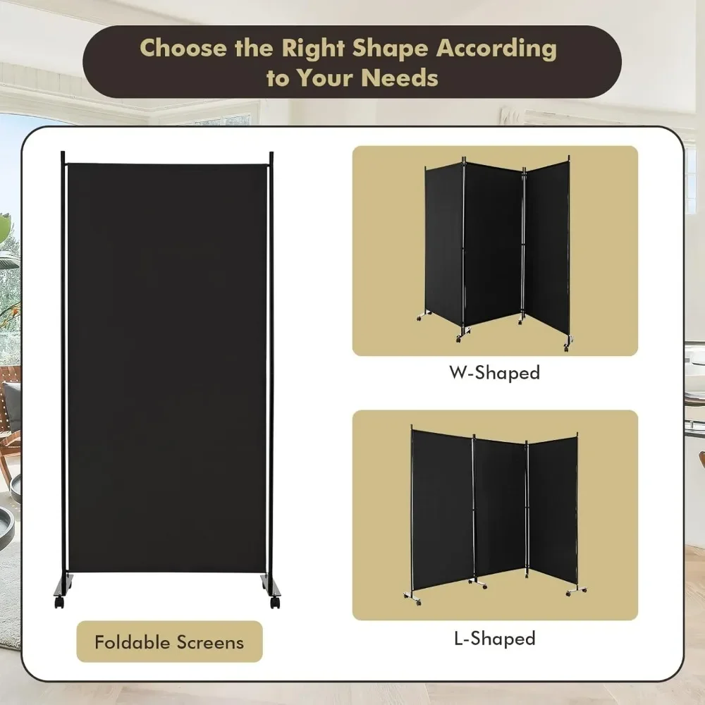 6 Panel Room Divider, 132" Wide x 68" Tall Large Folding Privacy Screen, Rolling Partition Room Partition for Studio Divider